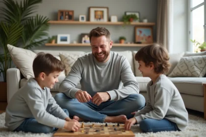 Famille jouant à un jeu de société dans un salon lumineux