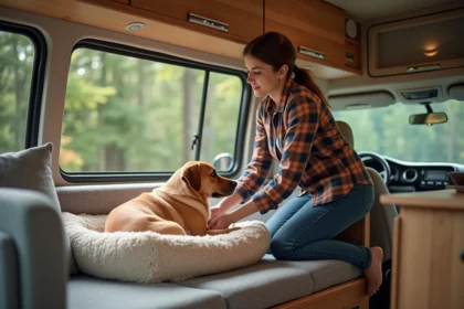 Femme posant un grand lit pour chien dans un van cosy
