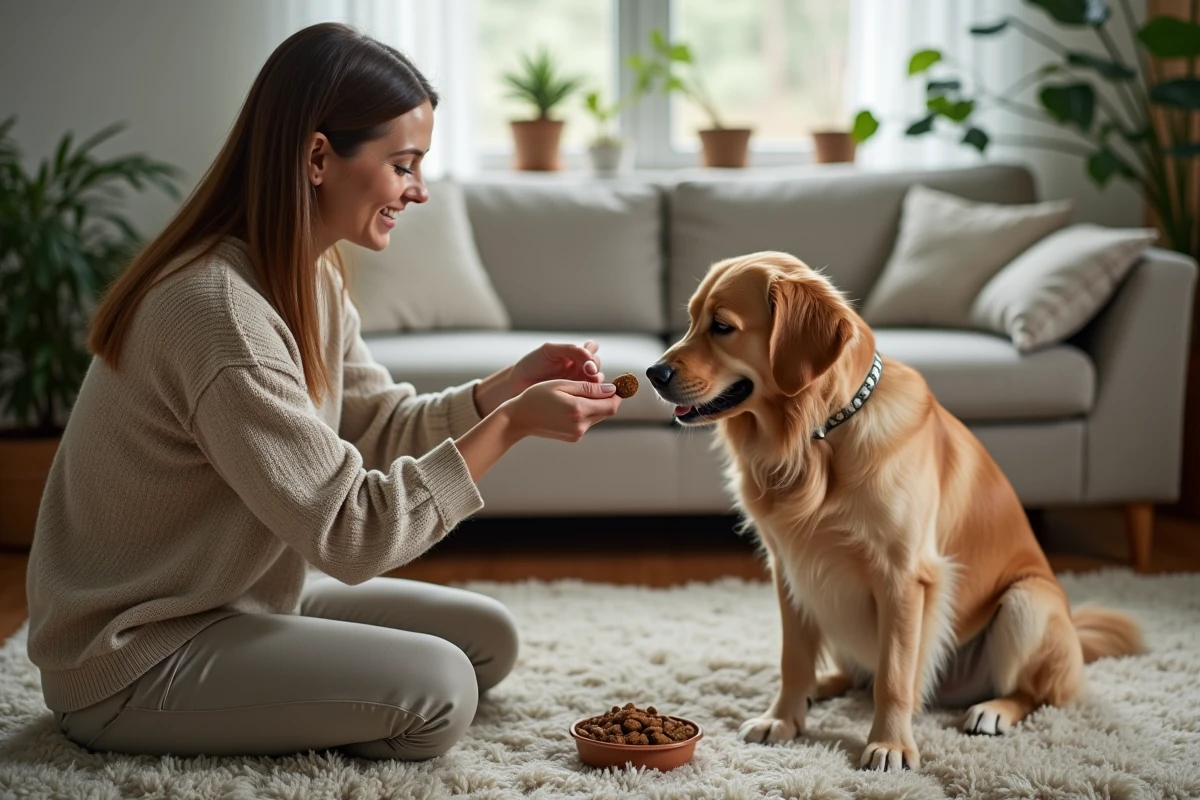 Femme kneeling offrant une friandise à un retriever heureux