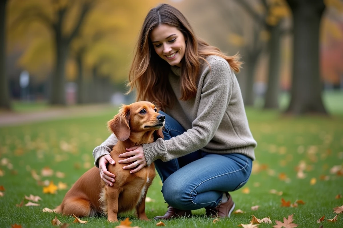 Jeune femme avec chien dachshund en parc automnal