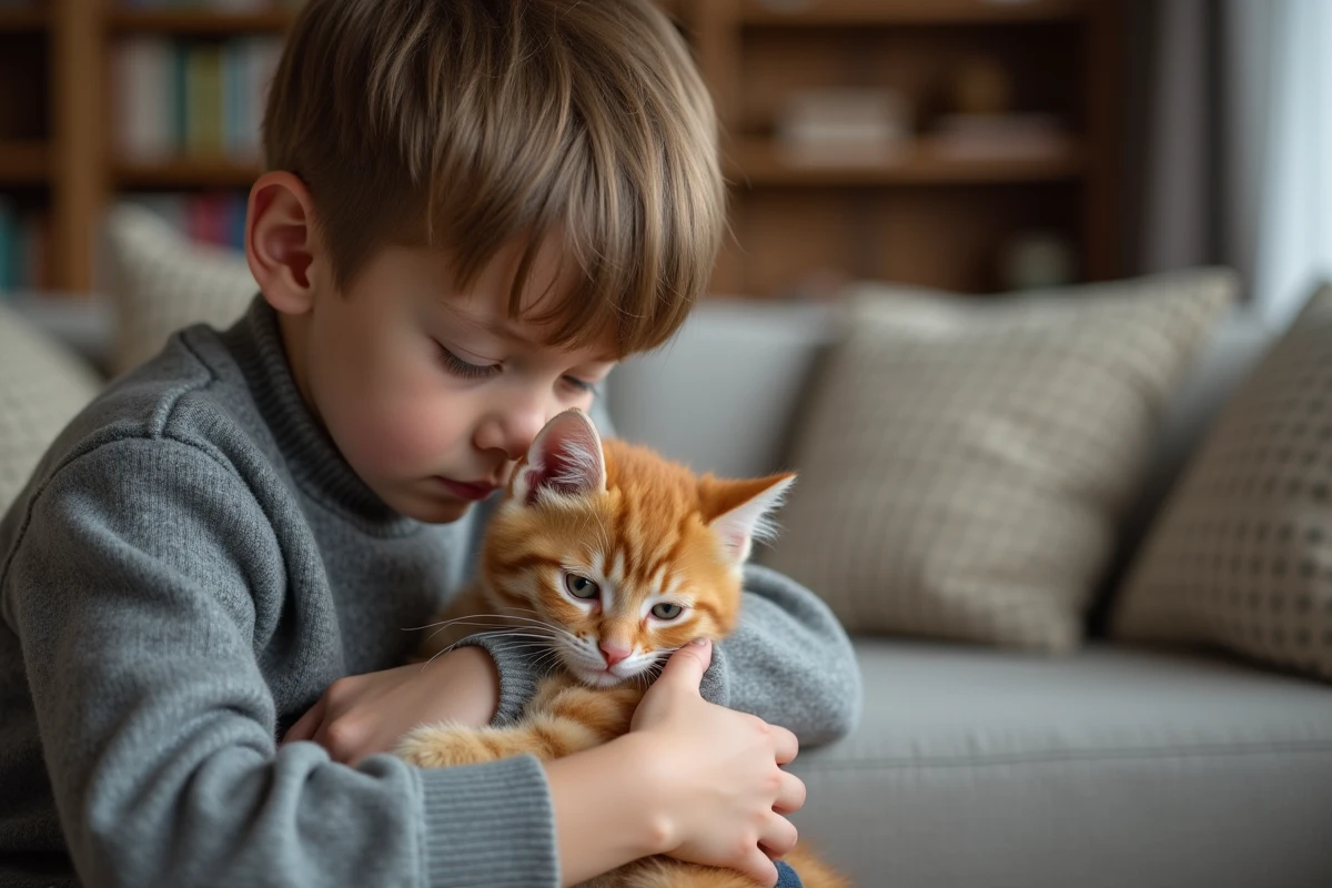 Garçon soignant un chaton orange à la maison