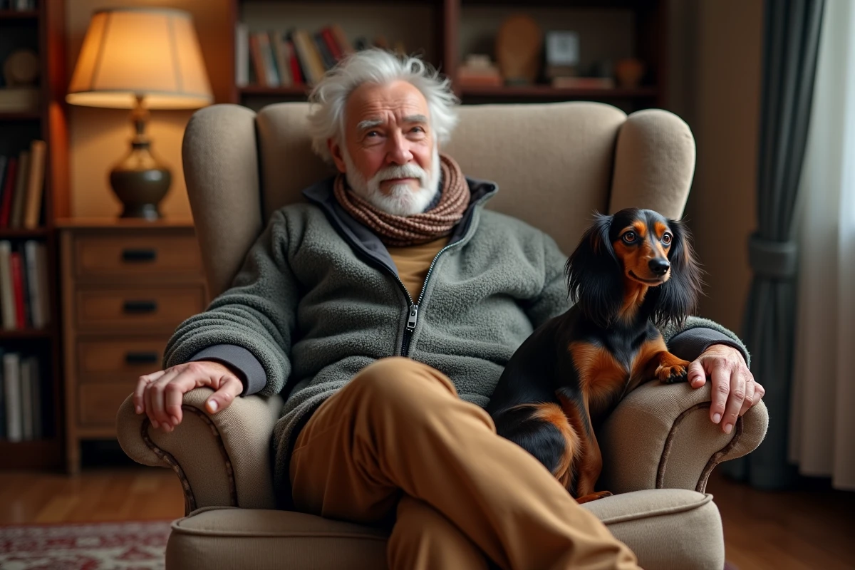Homme retraité avec chien dachshund dans son salon