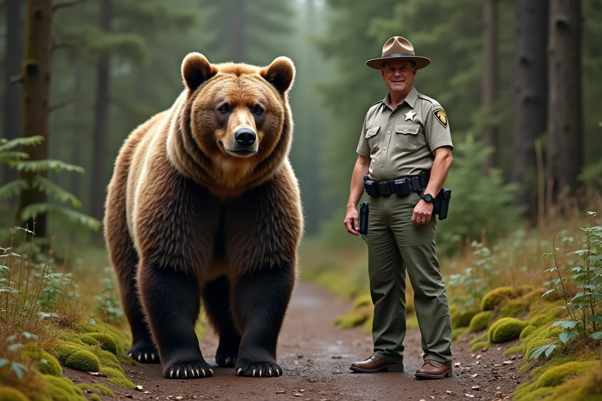 Ours grizzly adulte à côté d'un ranger en forêt nord-américaine