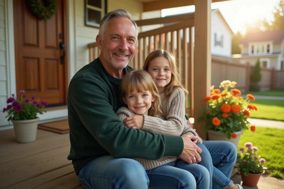 Père embrassant ses enfants sur la terrasse en plein air