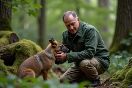 Scientiste dans la forêt tenant un grison en main