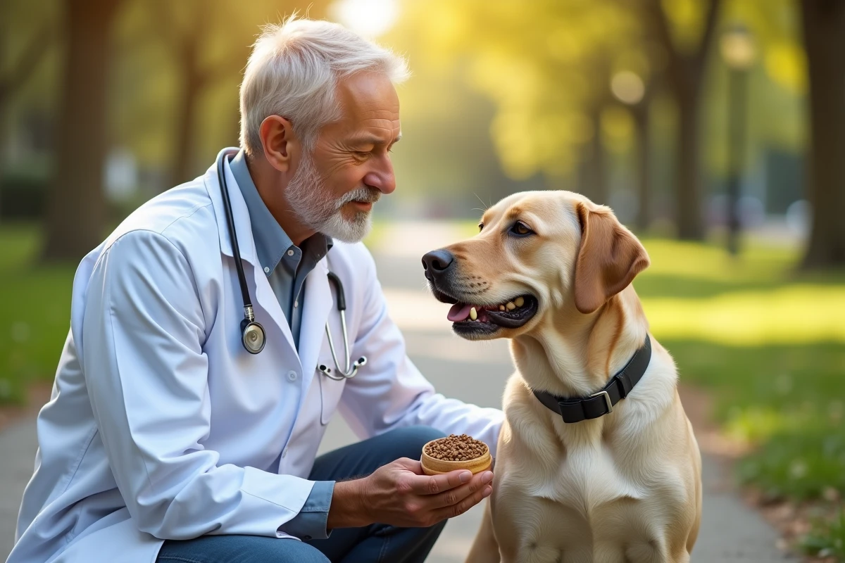 Vétérinaire examinant un labrador dans un parc en plein air