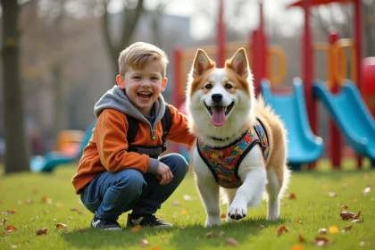 Chien joueur avec enfant dans un parc urbain en plein air