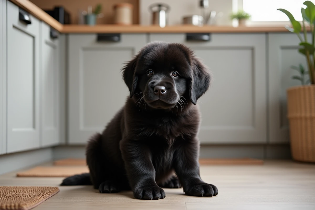 Chiot Newfoundland noir assis dans une cuisine moderne