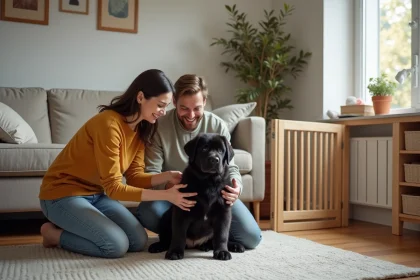 Jeune couple préparant leur appartement pour un chiot Newfoundland