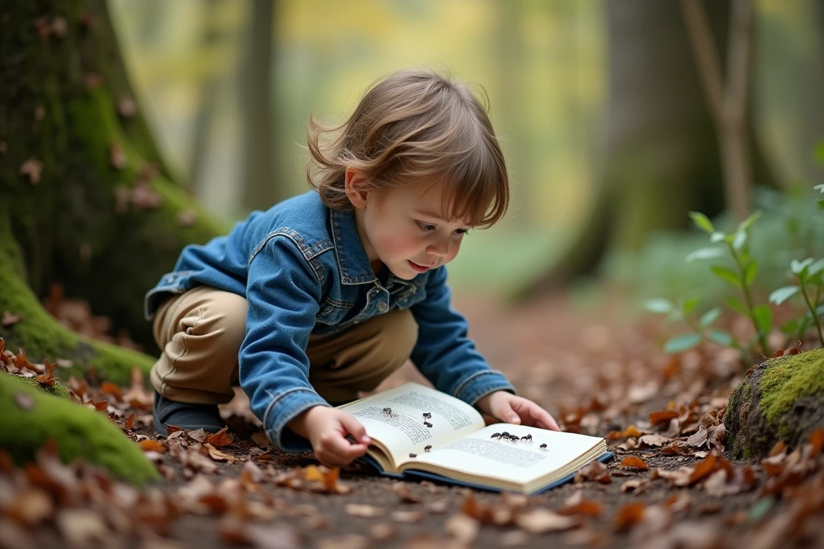 Enfant observant des fourmis dans la forêt avec livre illustré