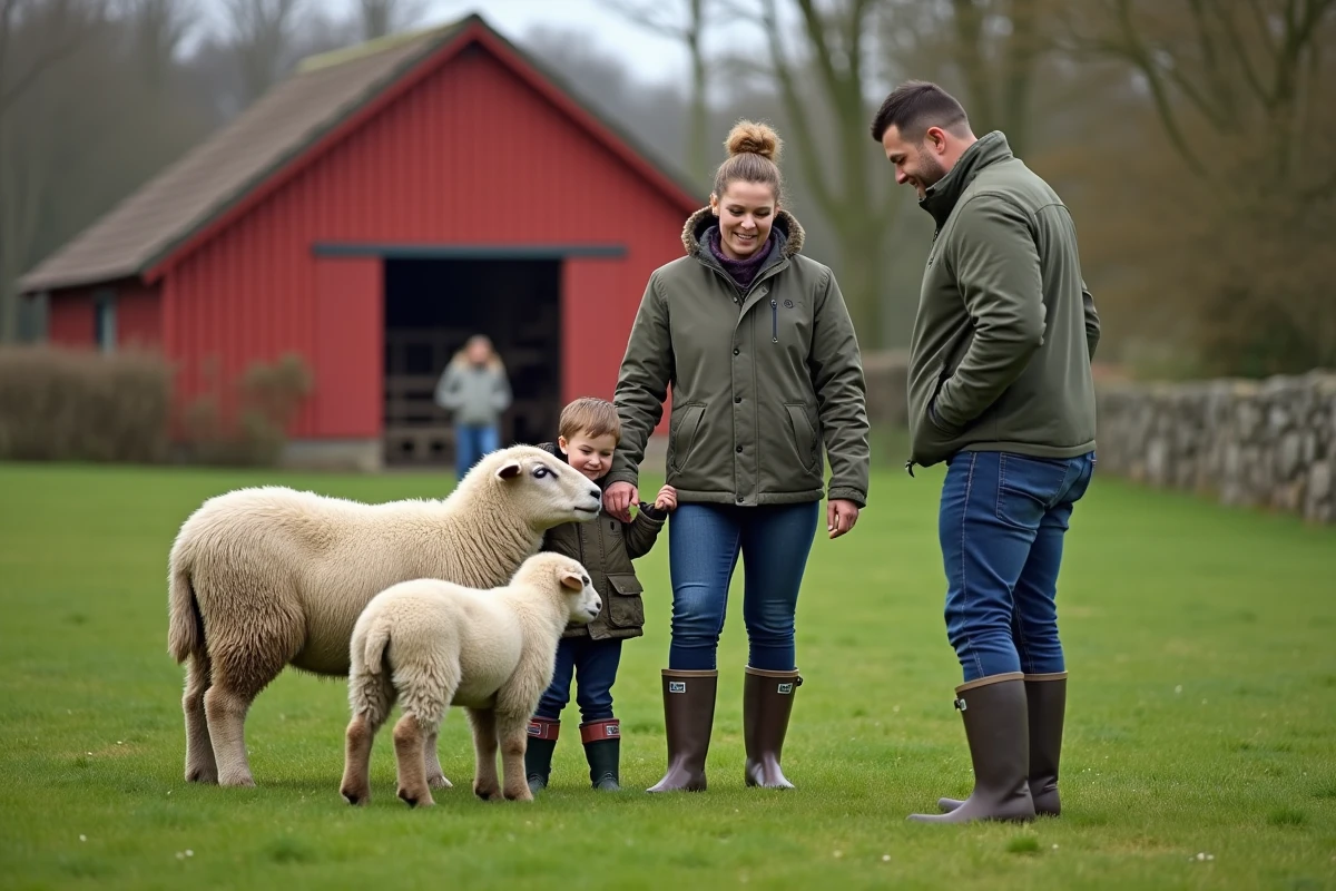 Famille observant un fermier approcher une brebis dans un pré