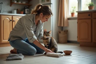 Femme réconfortant son chat dans la cuisine chaleureuse