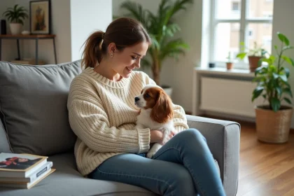 Jeune femme avec un chiot spaniel dans un salon lumineux