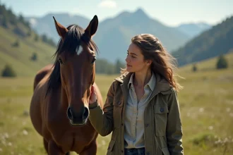 Jeune femme caressant un cheval dans une vallée verdoyante