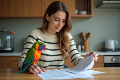 Jeune femme avec perroquet rainbow lorikeet dans sa cuisine