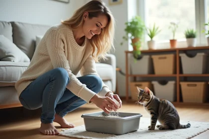 Femme souriante remplissant la litière pour chat dans un salon lumineux