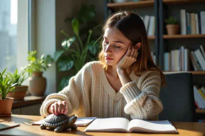 Femme contemplant une figurine tortue en bois sur son bureau