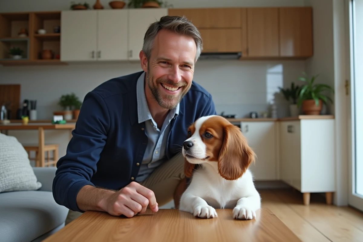 Homme jouant avec un chiot spaniel dans la cuisine familiale