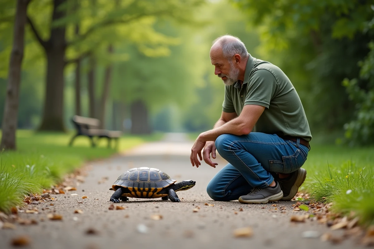 Homme observant une tortue dans un parc au matin