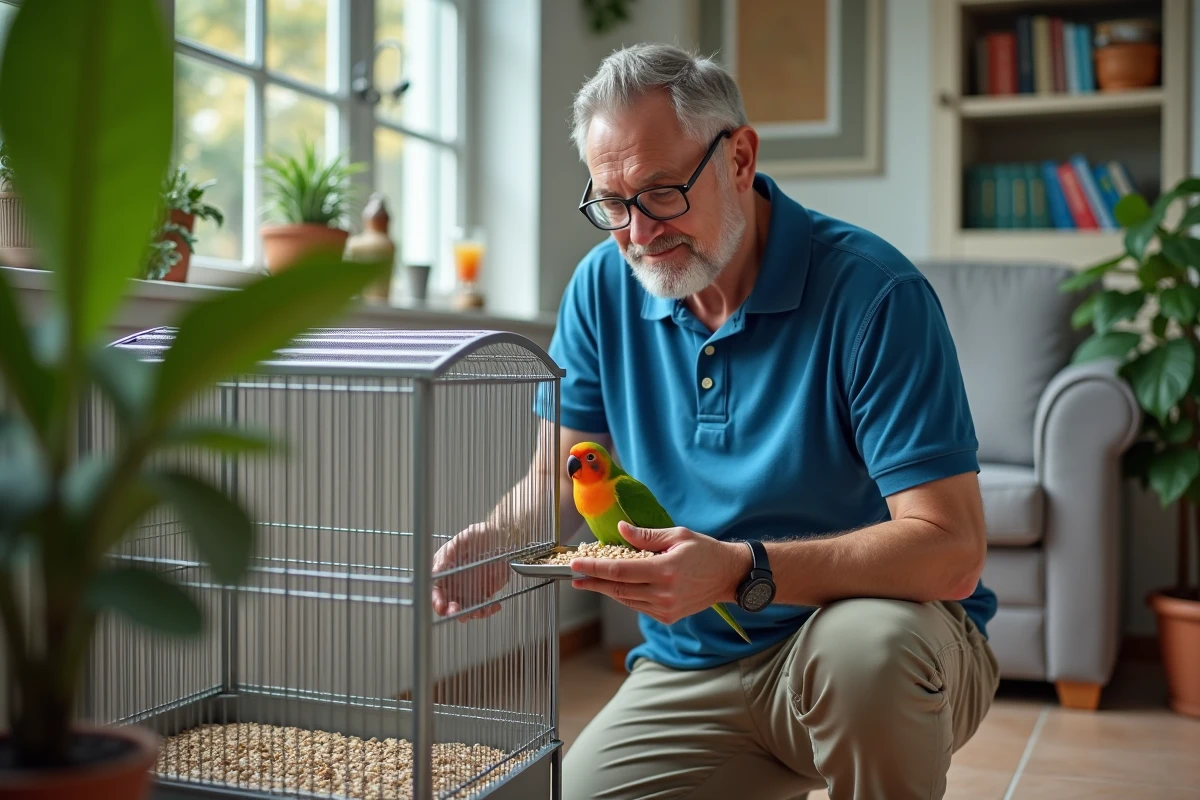 Homme avec cage à oiseaux et perruquet dans la pièce à vivre