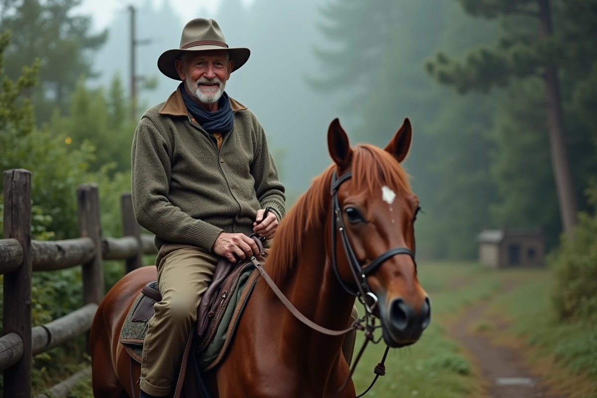 Homme âgé sur un cheval près d