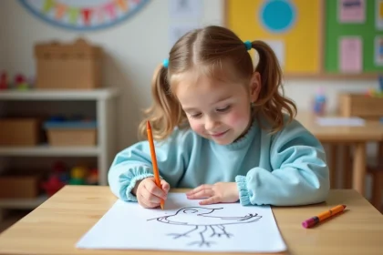 Jeune fille en classe coloriant un dessin d'oiseau avec concentration