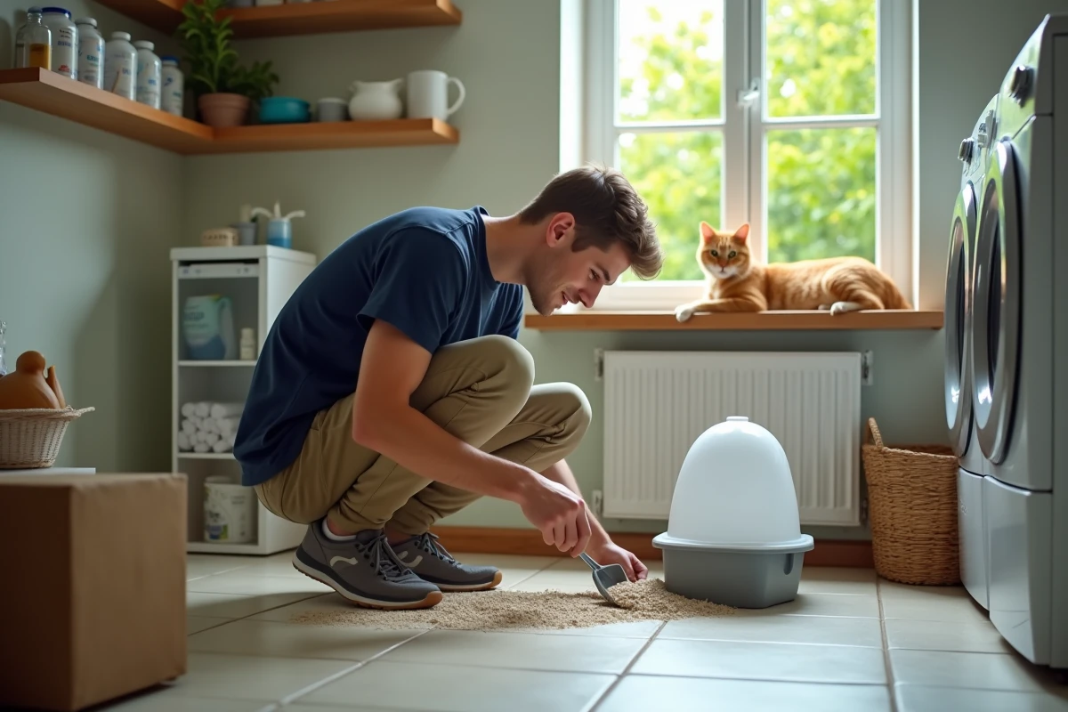 Jeune homme nettoyant la litière dans une pièce lumineuse avec chat