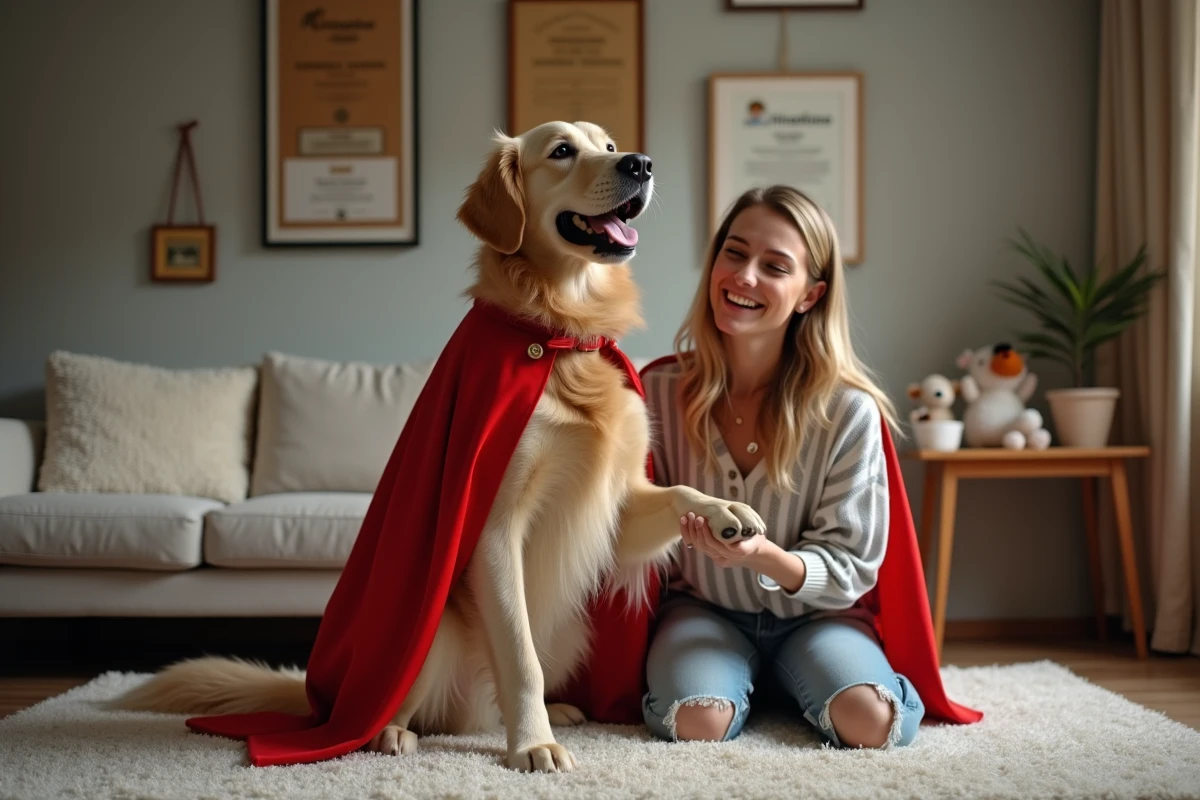 Golden retriever avec cape dans un salon chaleureux