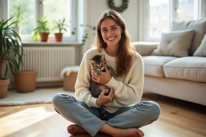 Jeune femme tenant un chaton tabby de 3 mois dans un appartement parisien cosy, adoption de chaton en Île-de-France