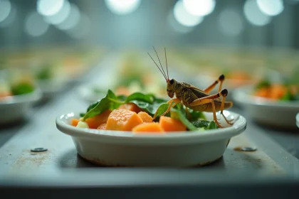 Gros plan macro d'un grillon mangeant des légumes frais dans un élevage moderne de cricket en 2026