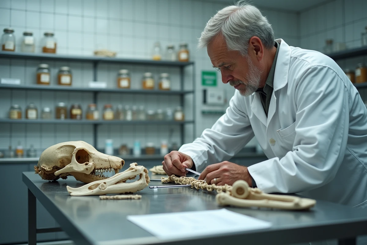Scientifique analysant un crâne de sanglier dans un laboratoire de muséum d'histoire naturelle, représentation des méthodes de mesure ostéologique du sanglier