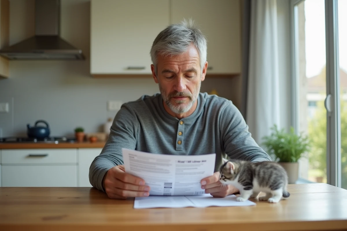 Homme lisant une annonce de don de chaton avec un petit chaton gris sur la table de cuisine, adoption responsable en Île-de-France