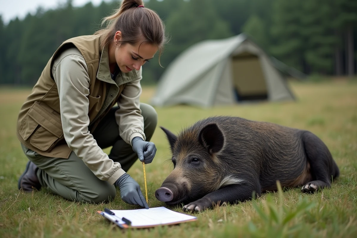 Biologiste mesurant scientifiquement un sanglier sédaté sur le terrain, illustration de la méthode de mesure zoologique du sanglier