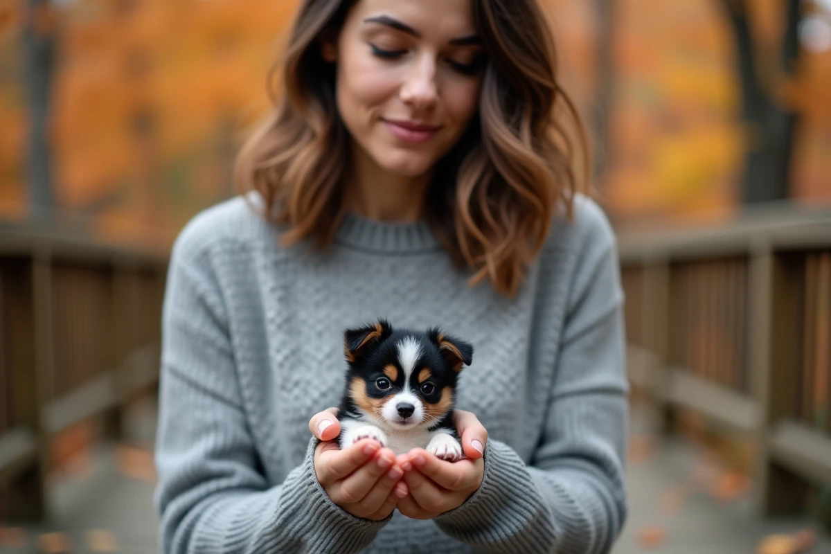 Propriétaire tenant un chiot spitz chiwawa dans ses mains illustrant la petite taille de la race