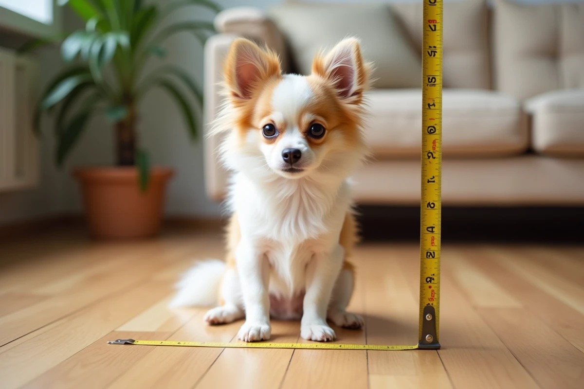 Chiwawa spitz assis près d'un mètre ruban illustrant la taille adulte de la race
