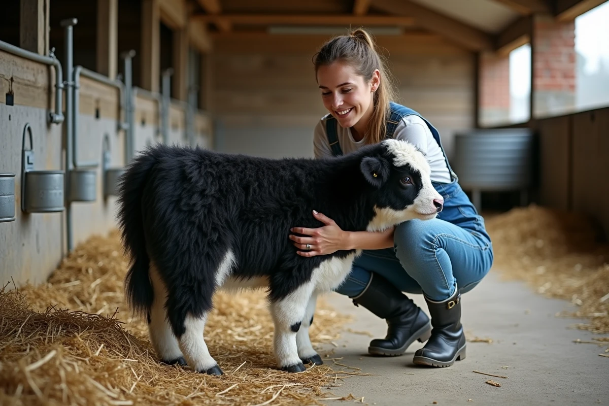 Éleveuse examinant une vache fluffy miniature dans une étable en bois avec foin au sol