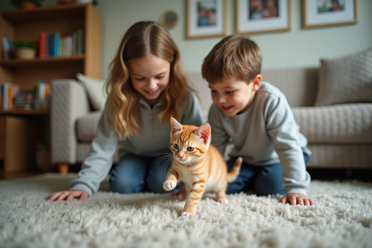 Deux enfants jouant avec un chaton roux de 3 mois dans un salon familial, accueillir un chaton via une annonce en Île-de-France