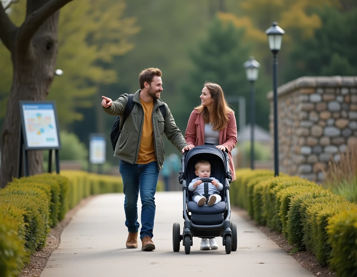 Couple avec poussette tout-terrain se promenant dans les allées du zoo d'Annecy par une matinée ensoleillée