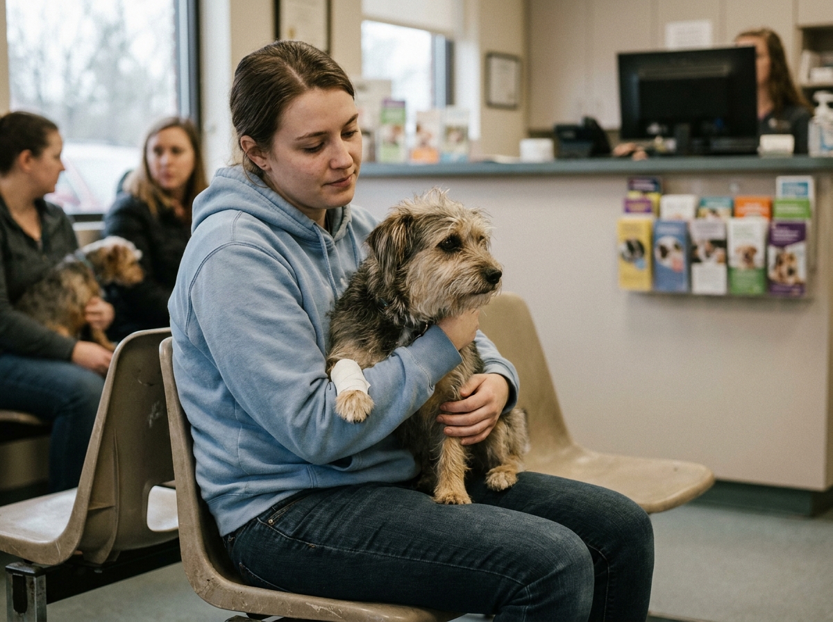 Jeune femme tenant son chien blessé avec une patte bandée dans la salle d'attente d'une clinique vétérinaire, illustrant le recours à l'assurance animaux après un accident