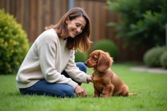 Femme souriante avec chiot dachshund dans le jardin