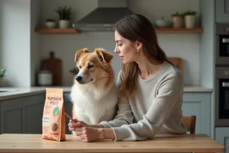 Femme regardant un sac de nourriture pour chien dans une cuisine moderne