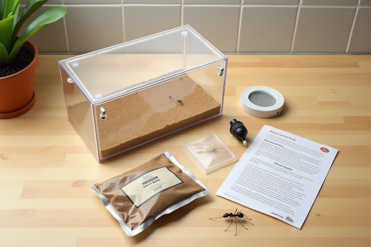 Vue à plat des composants d'un kit fourmilière creusable déballé sur une surface en bois clair