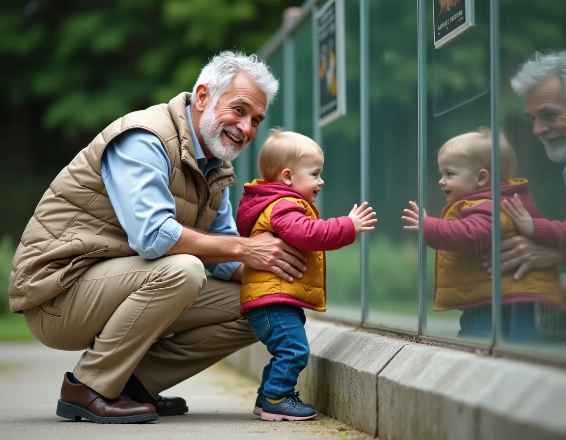 Grand-père et jeune enfant observant les animaux à travers une vitre de sécurité au zoo d'Annecy