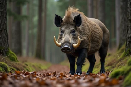 Grand sanglier sauvage dans une clairière forestière européenne, illustrant la taille impressionnante d'un sanglier en milieu naturel
