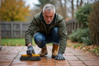 Homme en extérieur nettoyant le sol du patio rural