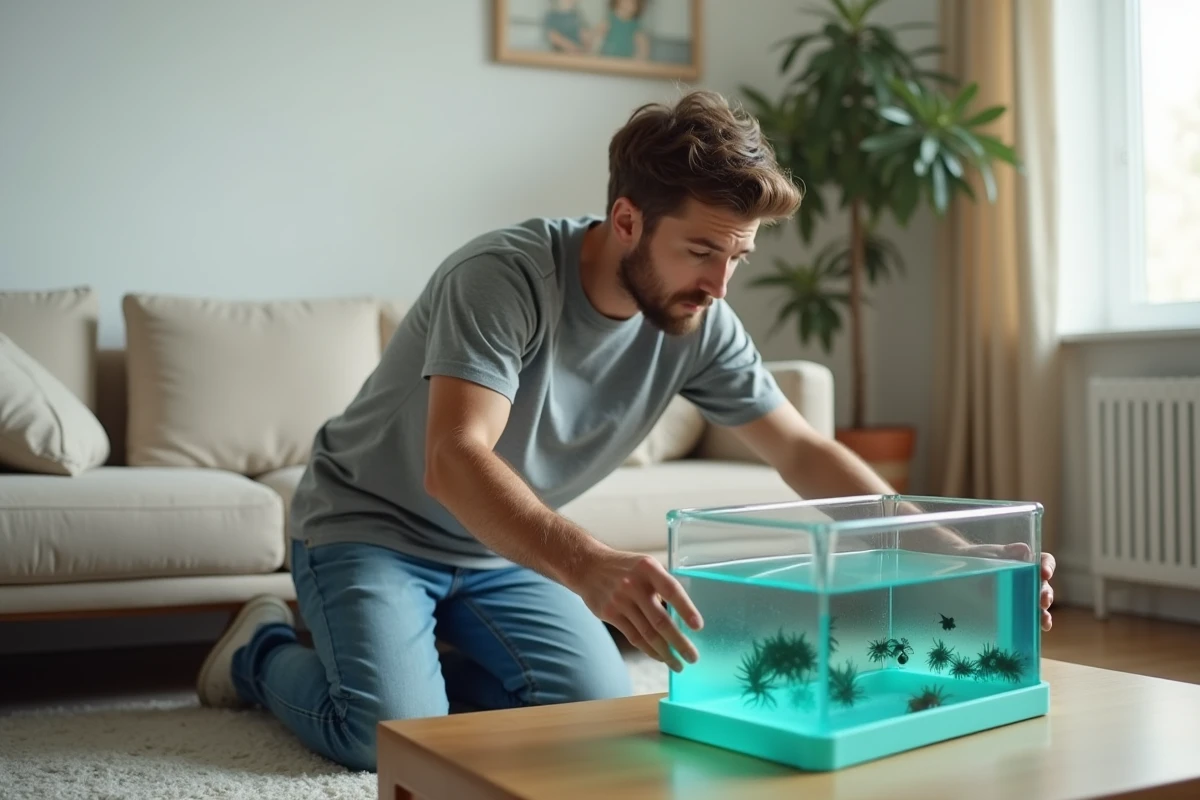 Homme adulte observant un kit fourmilière creusable en gel dans un salon moderne