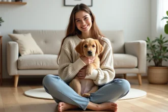 Jeune femme tenant un chiot golden retriever dans un salon moderne, illustrant l'assurance animaux pour jeune animal de compagnie