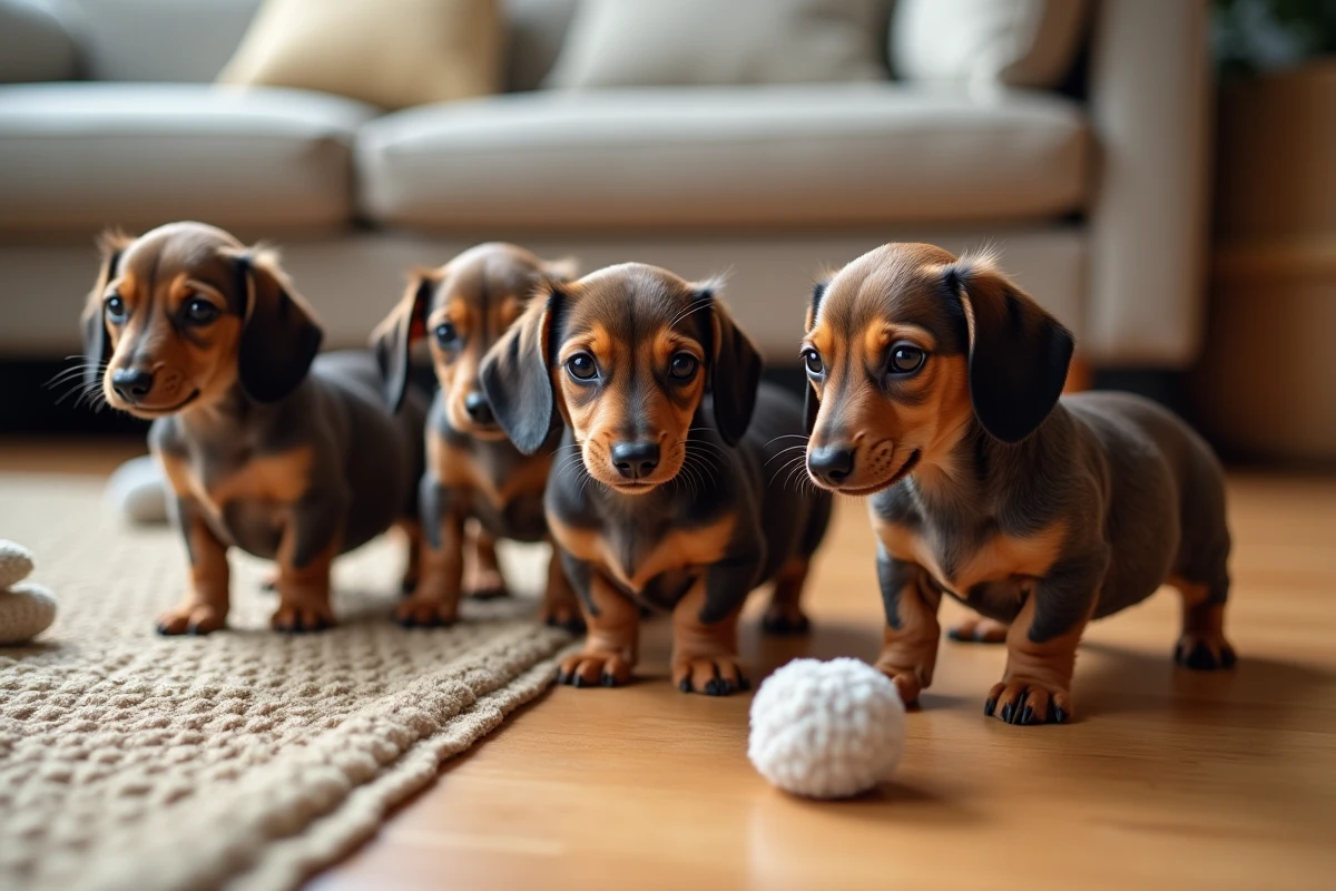 Groupe de chiots dachshund jouant sur un sol en bois