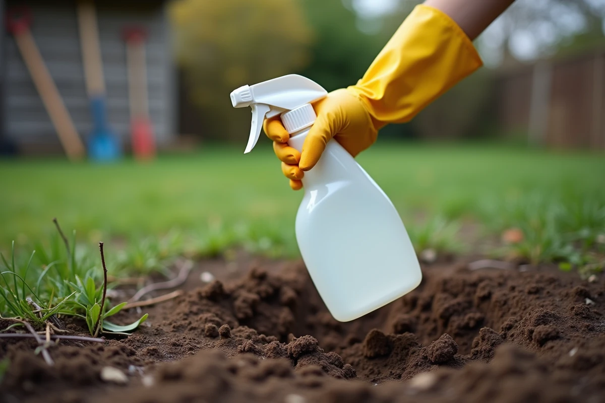 Main gantée avec spray désinfectant sur terre humide