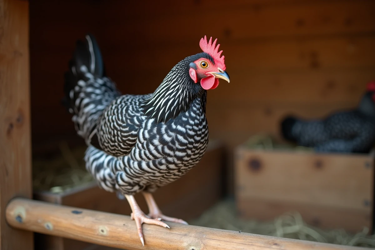 Portrait en gros plan d'une poule Plymouth Rock sur un perchoir en bois avec détail du plumage rayé